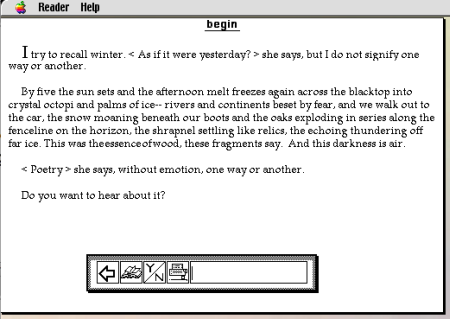 ''afternoon, a story'' w swoim pierwotnym środowisku Apple Macintosh (emulator Sheep Shaver)